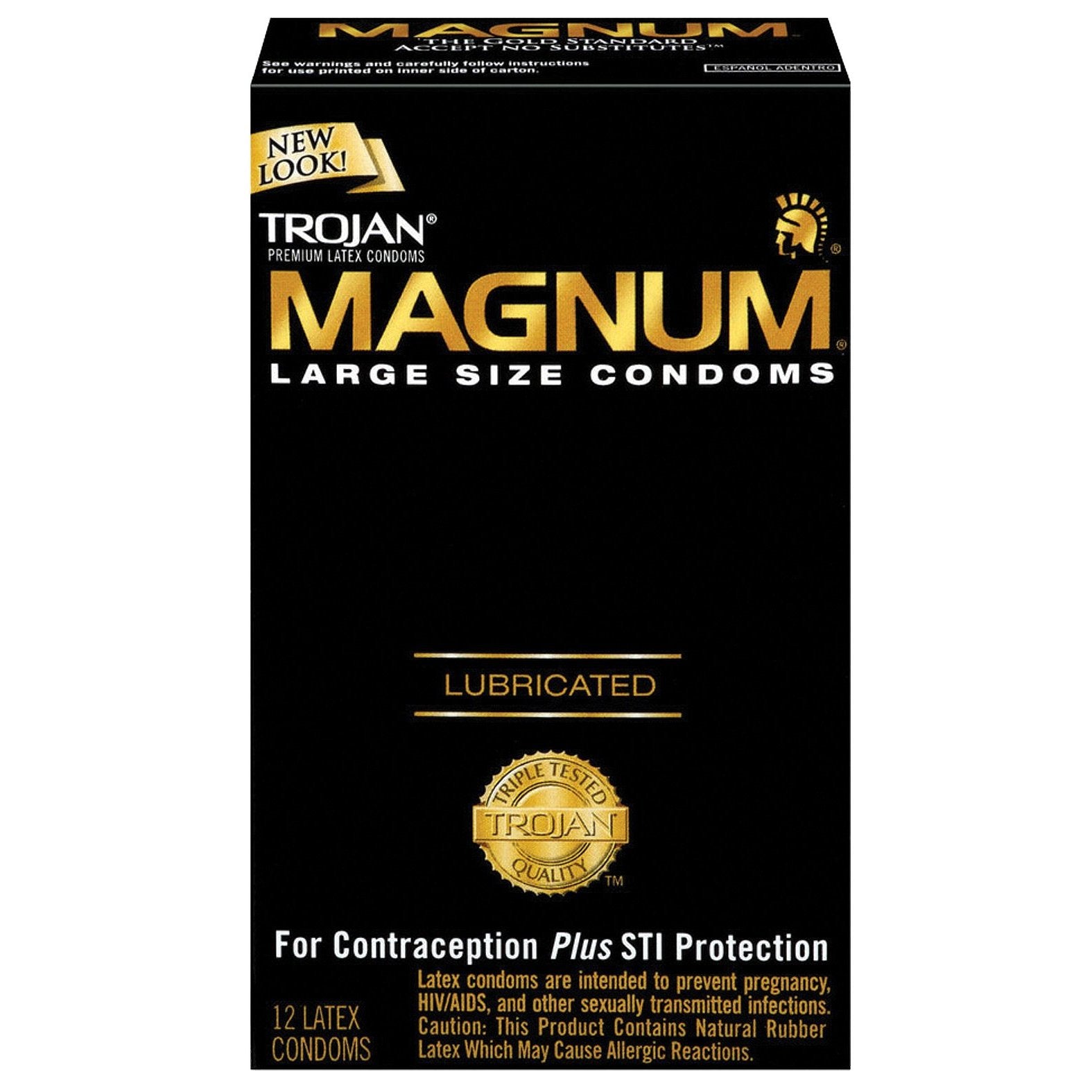 The Trojan Magnum Condoms box, featuring a black design with gold and white text, contains 12 large-sized latex condoms. Designed by Trojan, these lubricated condoms offer both contraception and STI protection.