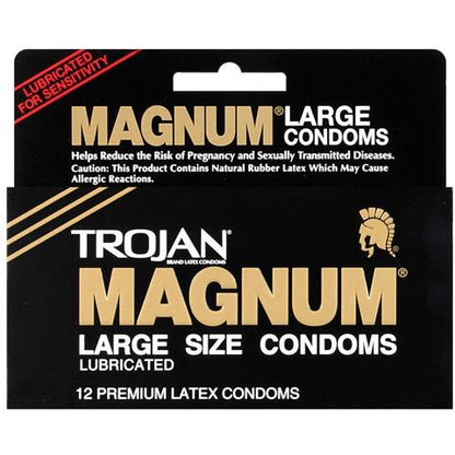 A box of Trojan Magnum Condoms by Trojan includes 12 premium latex pieces for trusted protection, with a sleek black design featuring gold and white text. It warns of potential allergic reactions to natural rubber latex.