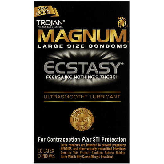 Image of a Paradise Marketing Trojan Magnum Ecstasy Condoms box. The package emphasizes Feels Like Nothings There! and Ultrasmooth Lubricant, notes triple-tested quality, STI protection, and includes 10 natural latex condoms.