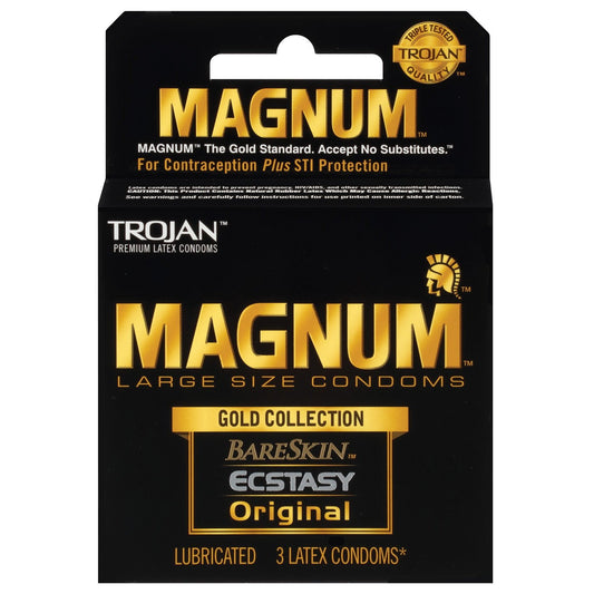 A sleek black box labeled Trojan Magnum Gold Collection - Box Of 3 by Paradise Marketing features gold text highlighting Magnum and Gold Collection. It includes three lubricated natural latex condoms, catering to contraception and STI protection for plus-size needs.