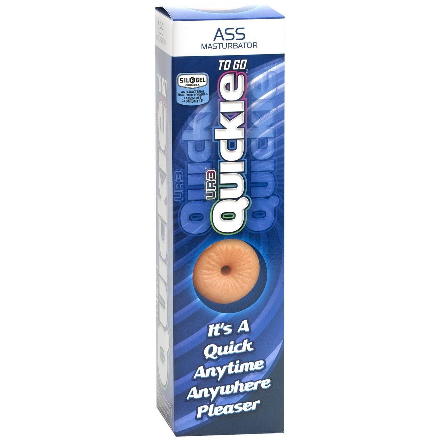 Image of the UR3 Quickie-To-Go - Ass box by Doc Johnson, featuring Its A Quick Anytime Anywhere Pleaser against a blue background.