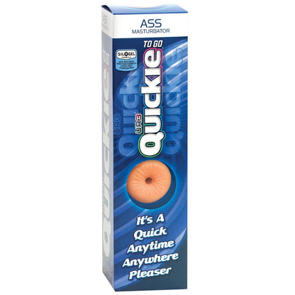 Doc Johnsons Ur3 Quickie-To-Go - Ass box features a blue design and showcases the pocket stroker with text that says Ur3 Quickie-To-Go Ass and Its A Quick Anytime Anywhere Pleaser.