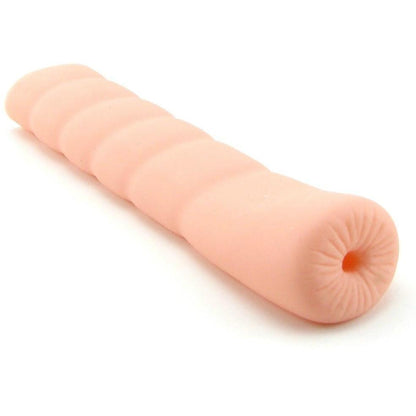 A beige, ribbed, flexible foam roller with a hollow end shown on a white background resembles the discreet design of Doc Johnsons Ur3 Quickie-To-Go - Ass.