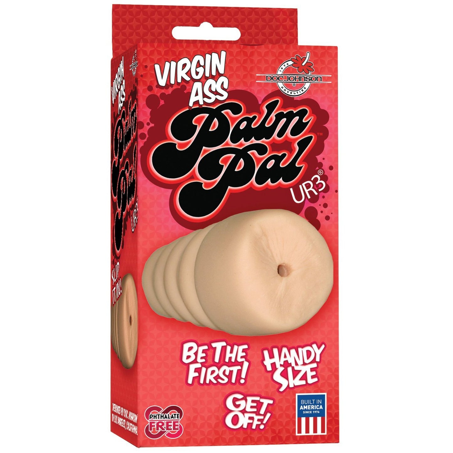 Doc Johnsons UR3 Virgin Ass Palm Pal, a playful novelty adult product, comes in striking red packaging with vibrant phrases like Be the First and Handy Size, showcasing its unique charm.