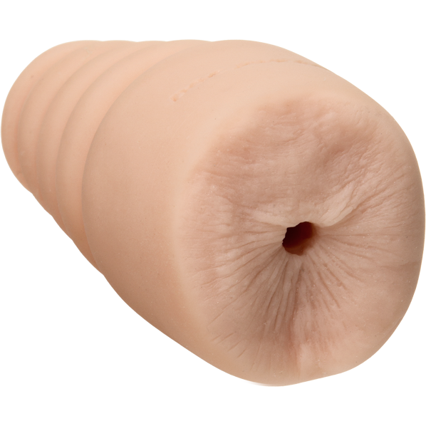 A beige, soft cylindrical object with a textured surface and ridged pattern resembles Doc Johnsons UR3 Virgin Ass Palm Pal, featuring a hollow opening for added realism.