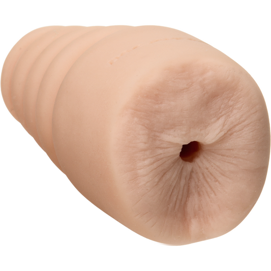 A beige, soft cylindrical object with a textured surface and ridged pattern resembles Doc Johnsons UR3 Virgin Ass Palm Pal, featuring a hollow opening for added realism.