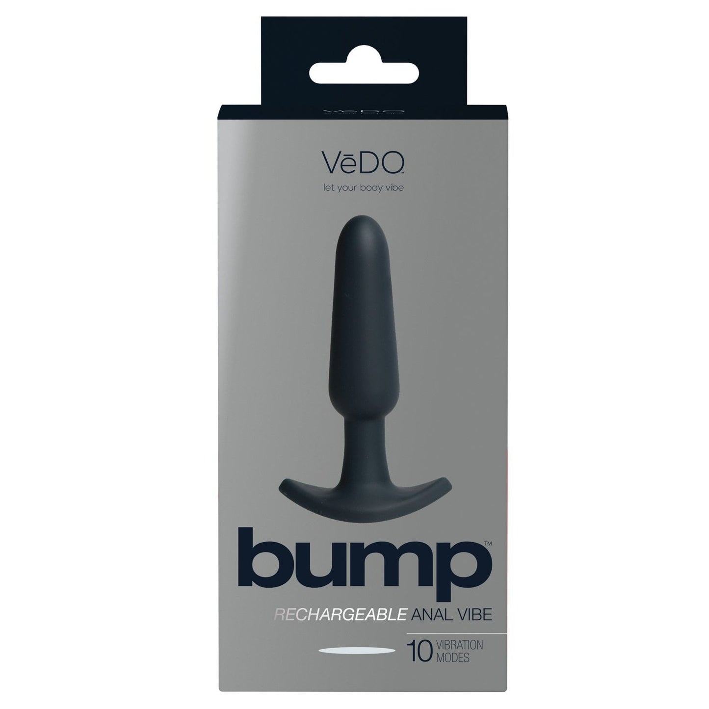 The image showcases the sleek packaging for a VeDO Bump Rechargeable Anal Vibe, highlighting its beginner-friendly design and 10 intense vibration modes with a product photo on the gray box.