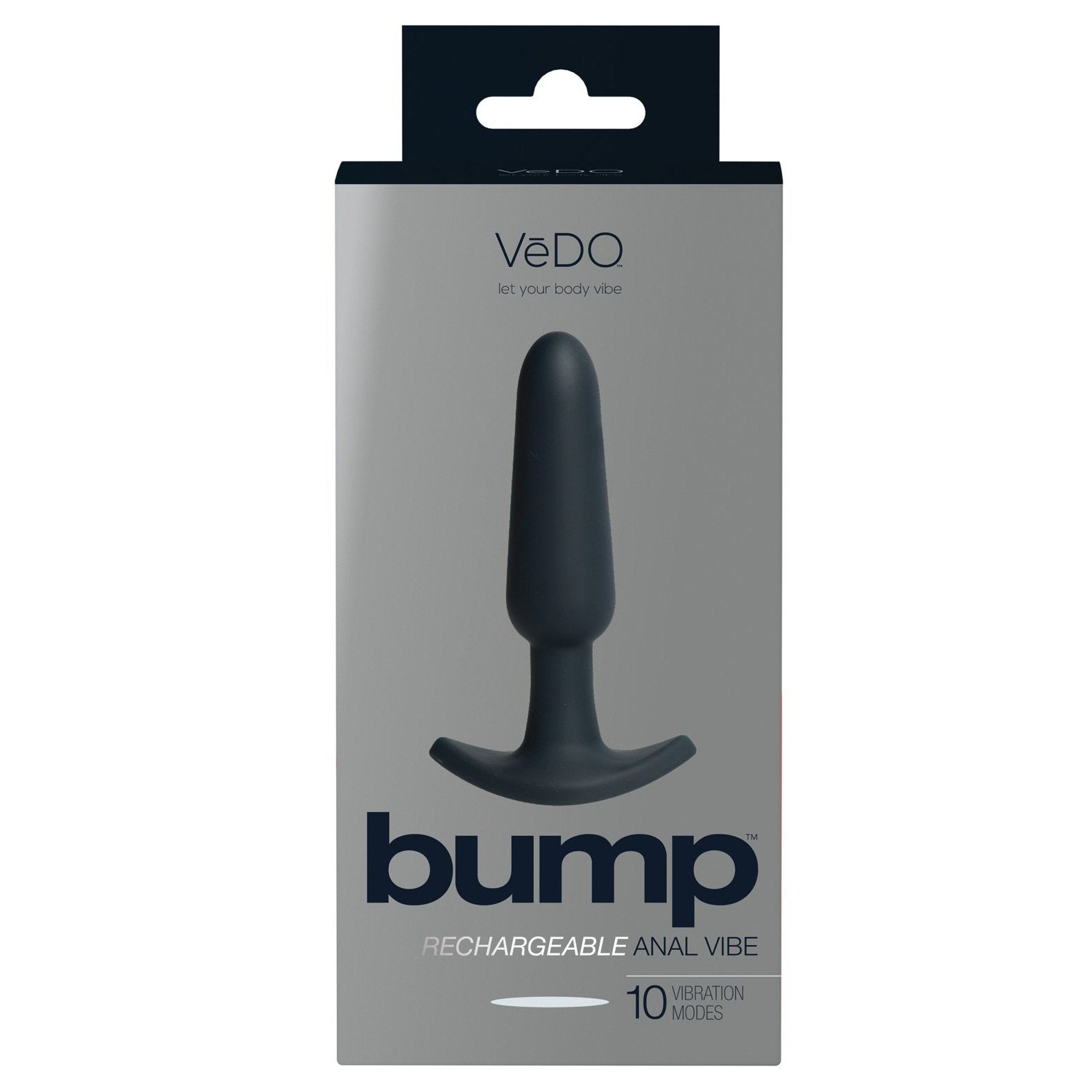 The image showcases the sleek packaging for a VeDO Bump Rechargeable Anal Vibe, highlighting its beginner-friendly design and 10 intense vibration modes with a product photo on the gray box.
