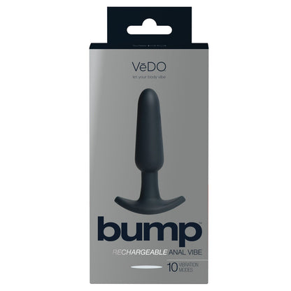 The image showcases the sleek packaging for a VeDO Bump Rechargeable Anal Vibe, highlighting its beginner-friendly design and 10 intense vibration modes with a product photo on the gray box.