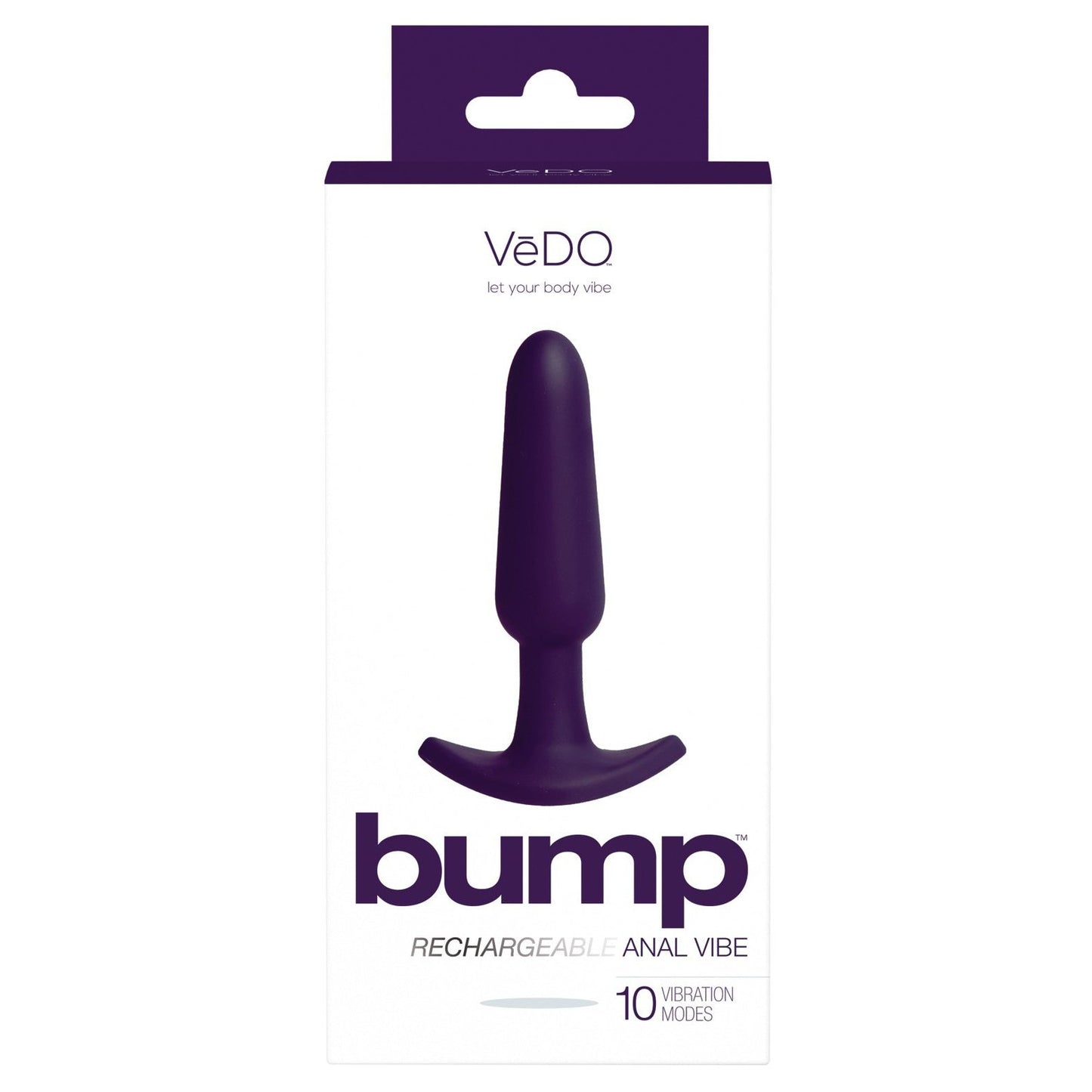The product box for the VeDO Bump Rechargeable Anal Vibe is mainly white with purple accents. It displays an image of the anal vibe and includes text about 10 Intense Vibration Modes, making it ideal for beginners.