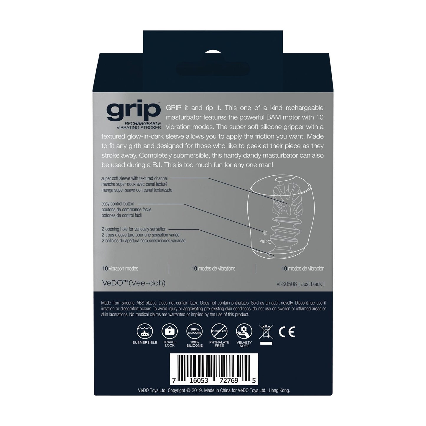 Introducing the VeDO Grip Rechargeable Vibrating Sleeve: a male masturbator with 10 vibration modes and a textured silicone sleeve. It includes vibrant images, a convenient USB charger, and all necessary details with barcodes at the bottom for an unparalleled experience.