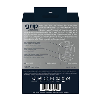 Introducing the VeDO Grip Rechargeable Vibrating Sleeve: a male masturbator with 10 vibration modes and a textured silicone sleeve. It includes vibrant images, a convenient USB charger, and all necessary details with barcodes at the bottom for an unparalleled experience.