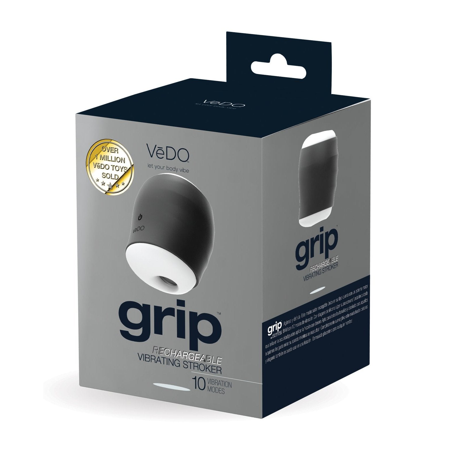 The modern packaging for the VeDO Grip Rechargeable Vibrating Sleeve highlights its image and features, including a comfortable silicone sleeve and 10 vibration modes. Noting over 1 million VeDO toys sold, it also includes a USB charger for convenience.
