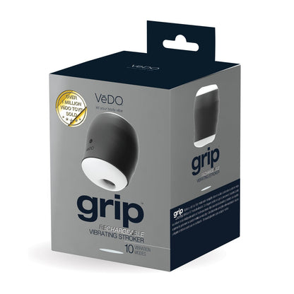 The modern packaging for the VeDO Grip Rechargeable Vibrating Sleeve highlights its image and features, including a comfortable silicone sleeve and 10 vibration modes. Noting over 1 million VeDO toys sold, it also includes a USB charger for convenience.
