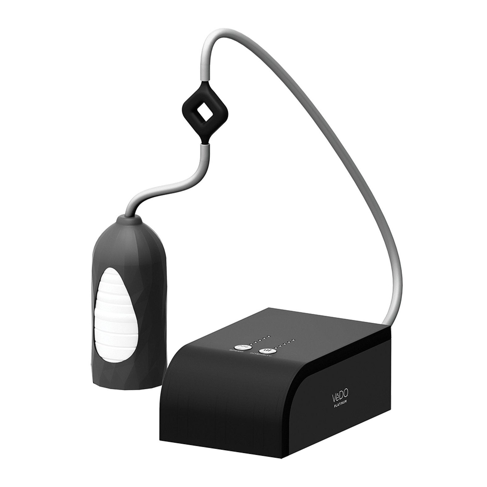 This sleek black VeDO Hummer Transform Your BJ Masturbator features a connected tubular attachment and bulb-like component with likely hands-free tech. Its modern design, equipped with buttons, showcases innovative features typical of VeDOs style.