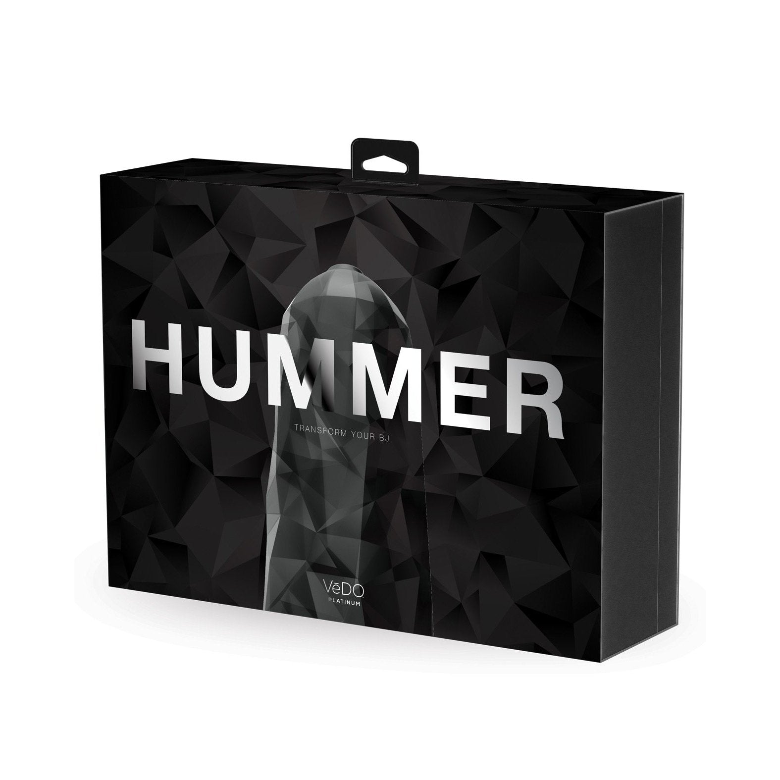 A sleek black box with a geometric design boldly displays HUMMER in white letters. The VeDO Hummer Transform Your BJ Masturbator features advanced mech-BJ technology, and the bottom showcases the VeDO logo beside a smaller product image.