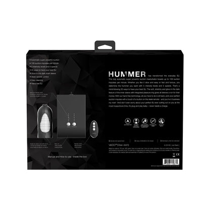 The VeDO Hummer Transform Your BJ Masturbator box highlights an image of the device and its components, showcasing automatic suction, multiple modes, hands-free tech, and extended battery life. It includes specifications and a visual featuring the device with remote control.