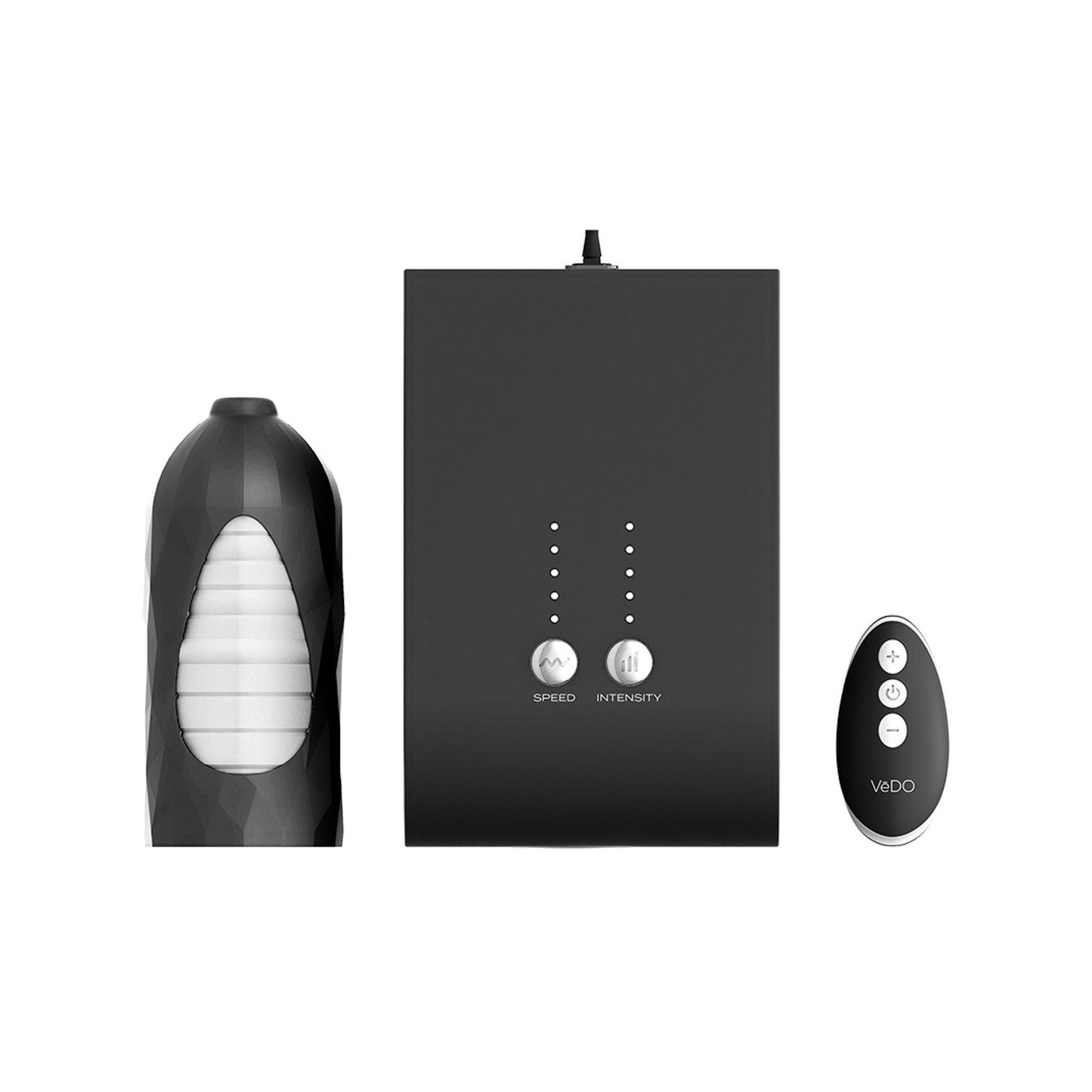 The VeDO Hummer Transform Your BJ Masturbator includes a black electronic device with labeled buttons for speed and intensity, a textured cylindrical opening, and a small oval remote control for hands-free technology control.