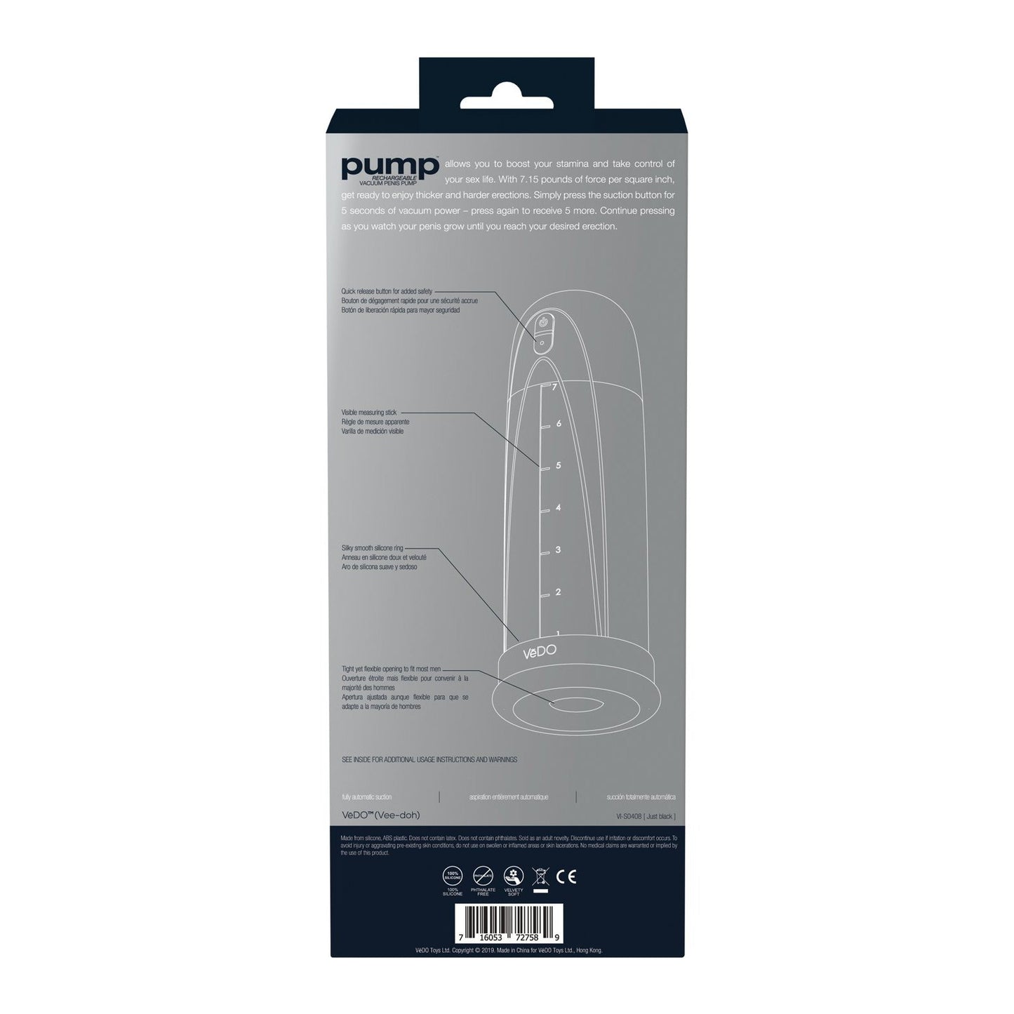 The VeDO Pump Rechargeable Vacuum Penis Pump box features a sleek dark background with white text, showcasing an outline drawing of the pump and its adjustable pressure settings for enhanced erections. Instructions and details are clearly labeled alongside.