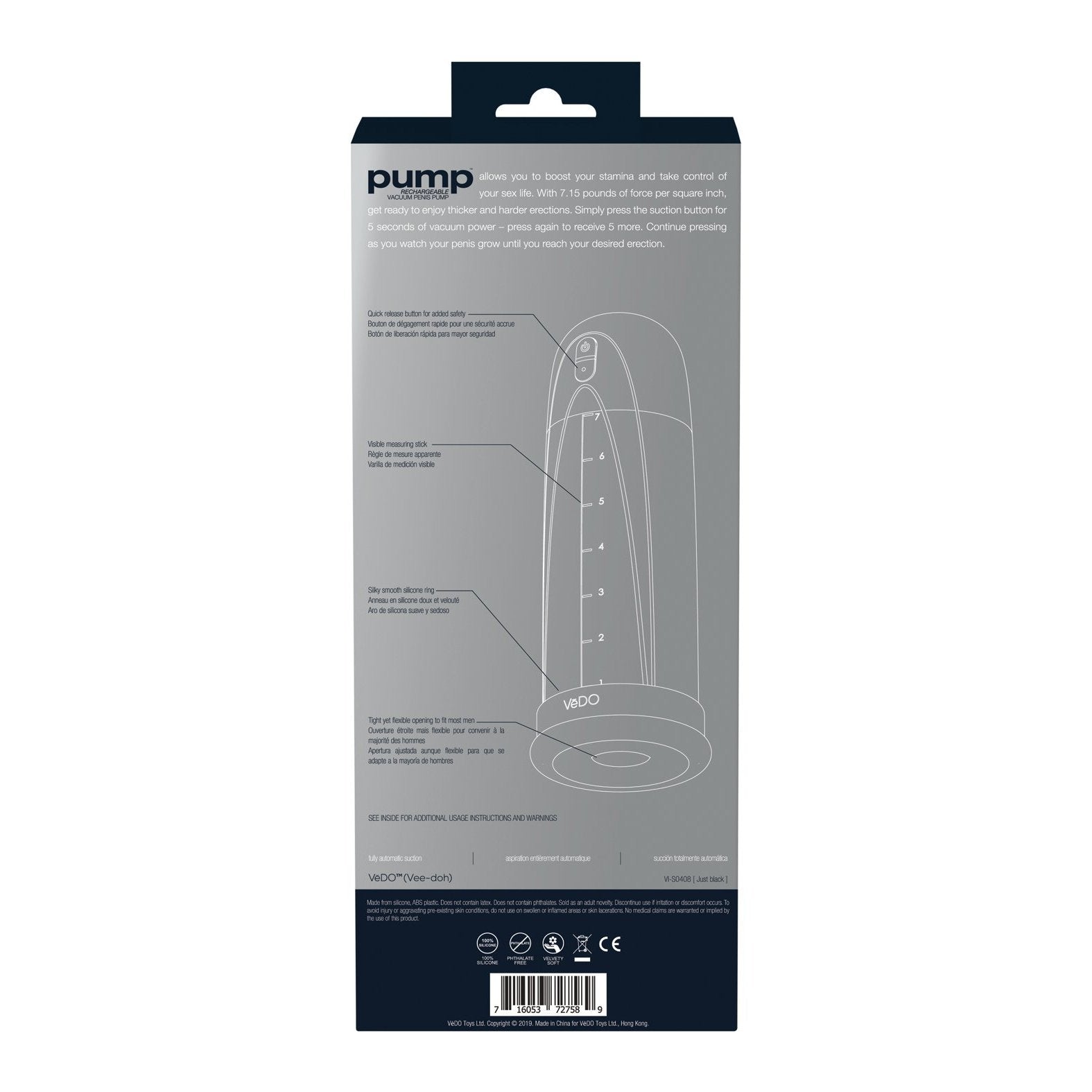The VeDO Pump Rechargeable Vacuum Penis Pump box features a sleek dark background with white text, showcasing an outline drawing of the pump and its adjustable pressure settings for enhanced erections. Instructions and details are clearly labeled alongside.