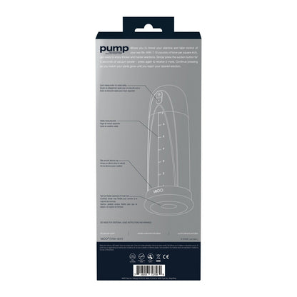 The VeDO Pump Rechargeable Vacuum Penis Pump box features a sleek dark background with white text, showcasing an outline drawing of the pump and its adjustable pressure settings for enhanced erections. Instructions and details are clearly labeled alongside.