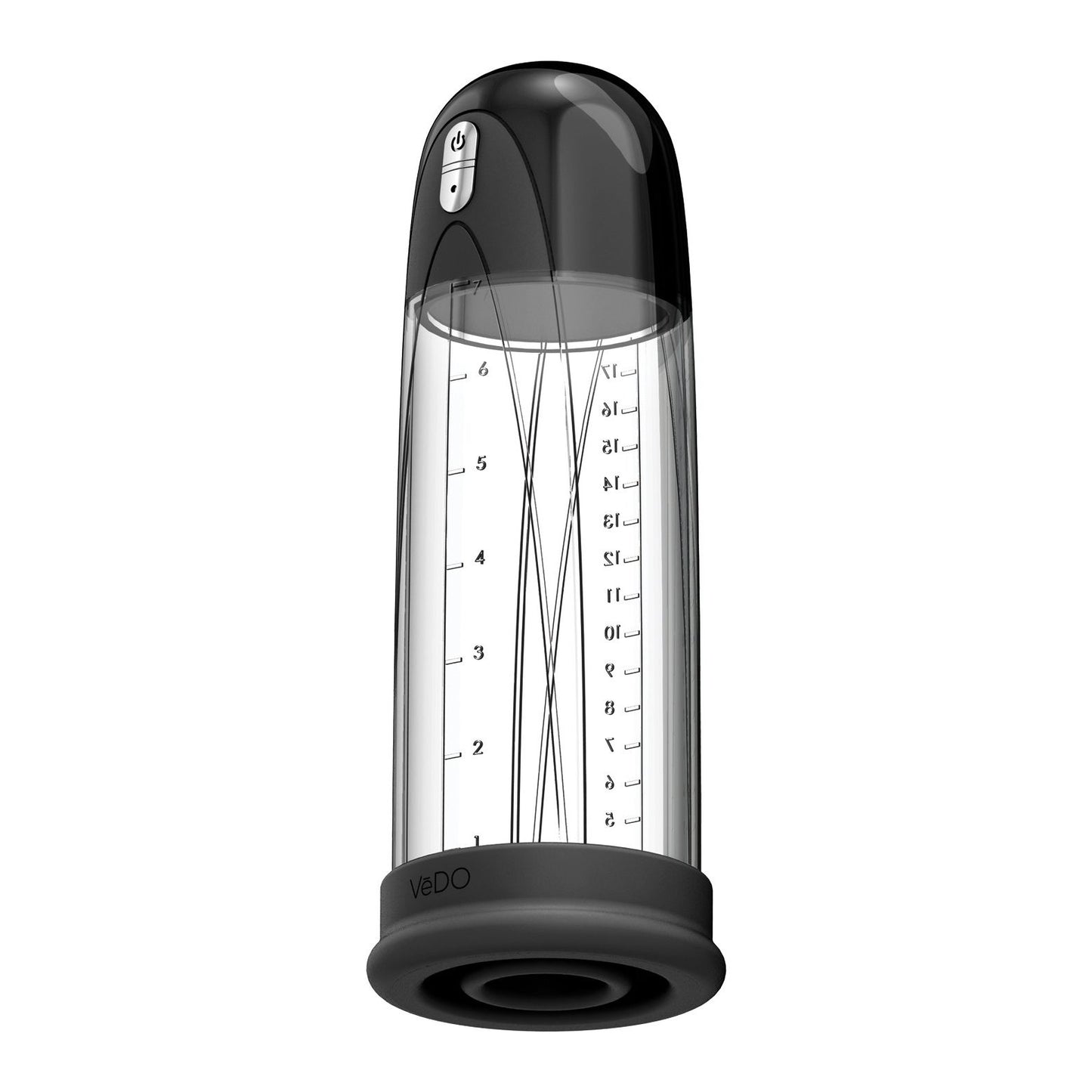 The VeDO Pump Rechargeable Vacuum Penis Pump by VeDO is a transparent cylindrical device with a black top and base. It has measurement lines for control, a pressure-adjusting button on the top, and a soft-edged opening at the base for comfort.