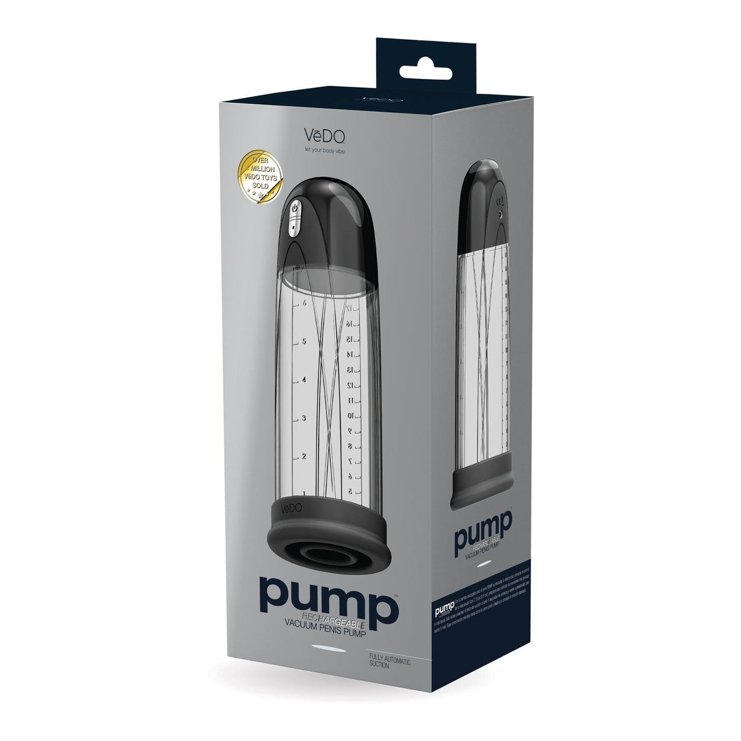 The VeDO Pump Rechargeable Vacuum Penis Pump box, mostly gray, displays an image of the pump featuring a black base and transparent chamber. It promotes thicker and harder erections with visible branding and labels.