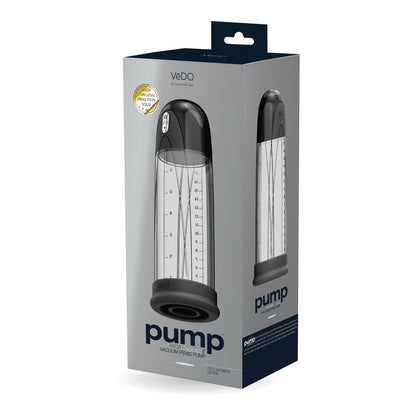The VeDO Pump Rechargeable Vacuum Penis Pump box, mostly gray, displays an image of the pump featuring a black base and transparent chamber. It promotes thicker and harder erections with visible branding and labels.