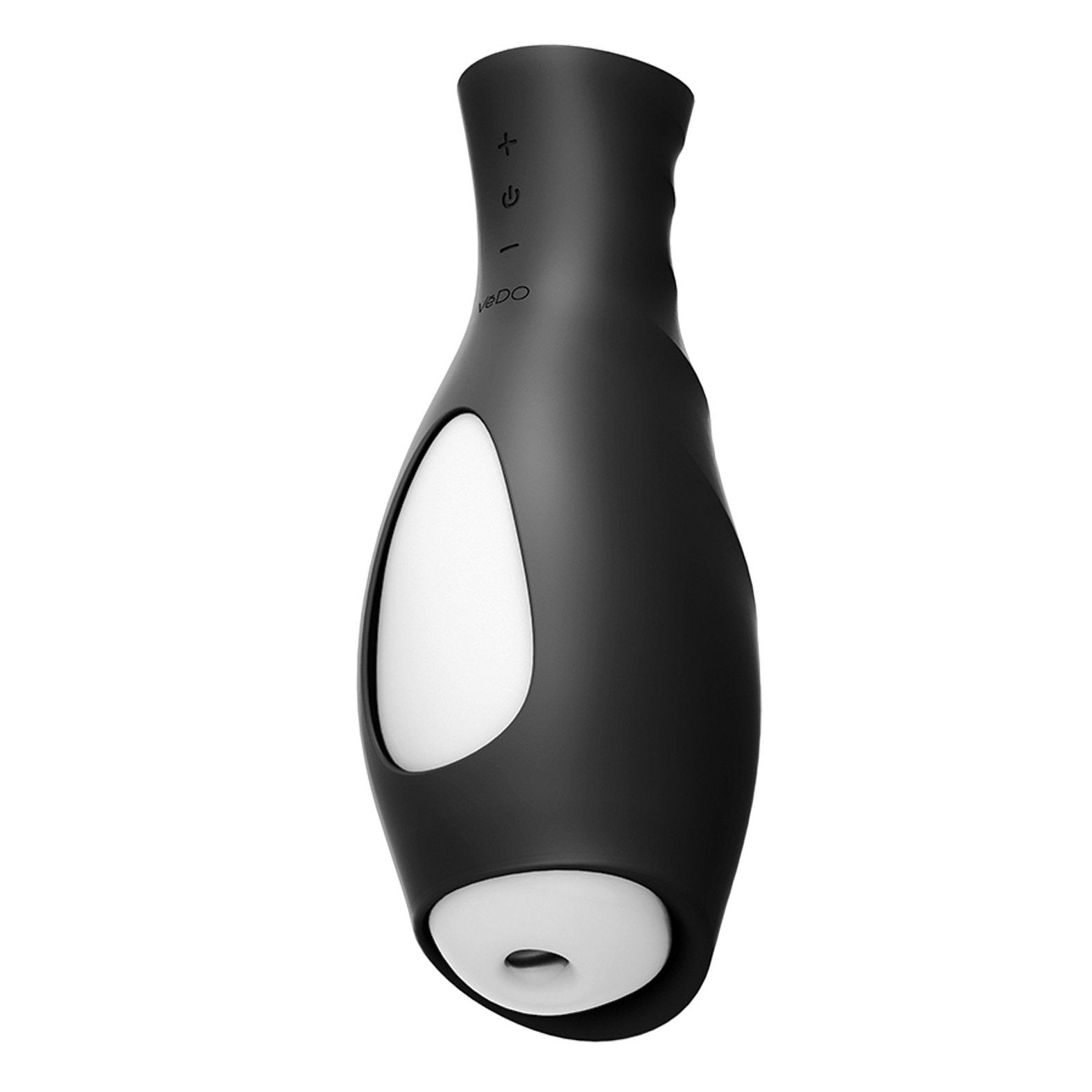 The VeDO Torpedo Vibrating Rechargeable Stroker is a sleek black and white device with a rounded silicone and ABS design, featuring plus/minus buttons and a power symbol. It offers 10 vibration modes in a modern, minimalistic handheld style.