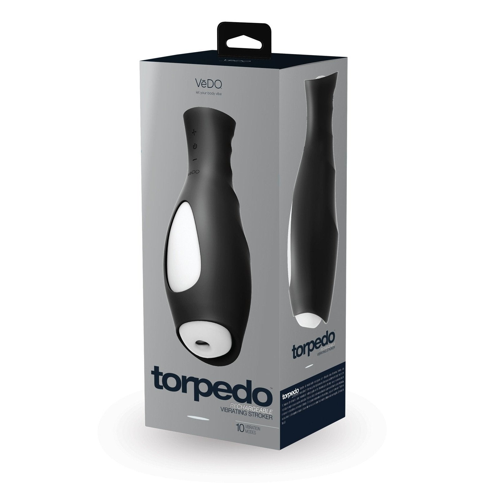 The VeDO Torpedo Vibrating Rechargeable Stroker, made from silicone and ABS plastic, is presented in sleek black and white packaging. It highlights 10 vibration modes, displays the VeDO brand name and model, and includes a convenient carrying handle.