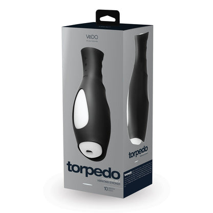 The VeDO Torpedo Vibrating Rechargeable Stroker, made from silicone and ABS plastic, is presented in sleek black and white packaging. It highlights 10 vibration modes, displays the VeDO brand name and model, and includes a convenient carrying handle.