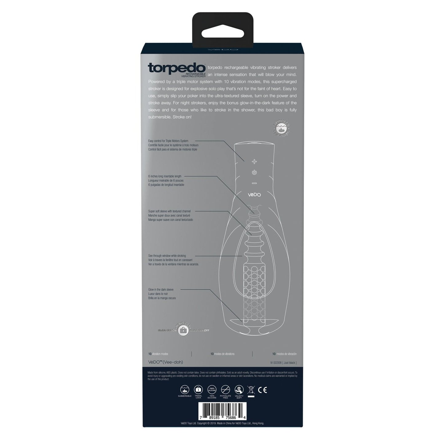 The VeDO Torpedo Vibrating Rechargeable Strokers packaging showcases features in white text on a dark gray background, paired with an outline illustration. It highlights 10 vibration modes and its durable silicone and ABS plastic construction.