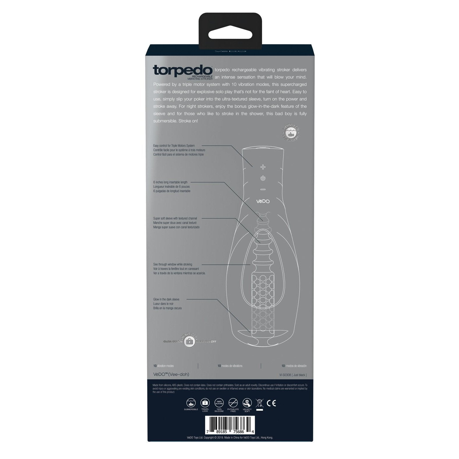 The VeDO Torpedo Vibrating Rechargeable Strokers packaging showcases features in white text on a dark gray background, paired with an outline illustration. It highlights 10 vibration modes and its durable silicone and ABS plastic construction.