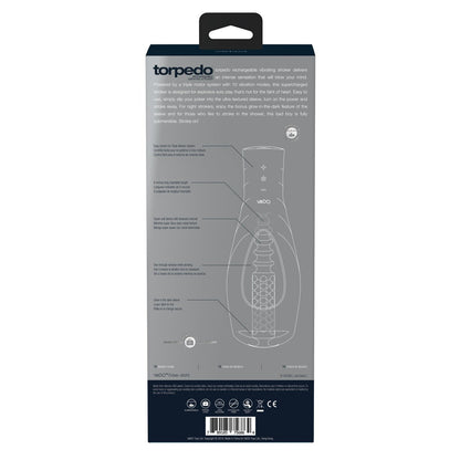 The VeDO Torpedo Vibrating Rechargeable Strokers packaging showcases features in white text on a dark gray background, paired with an outline illustration. It highlights 10 vibration modes and its durable silicone and ABS plastic construction.