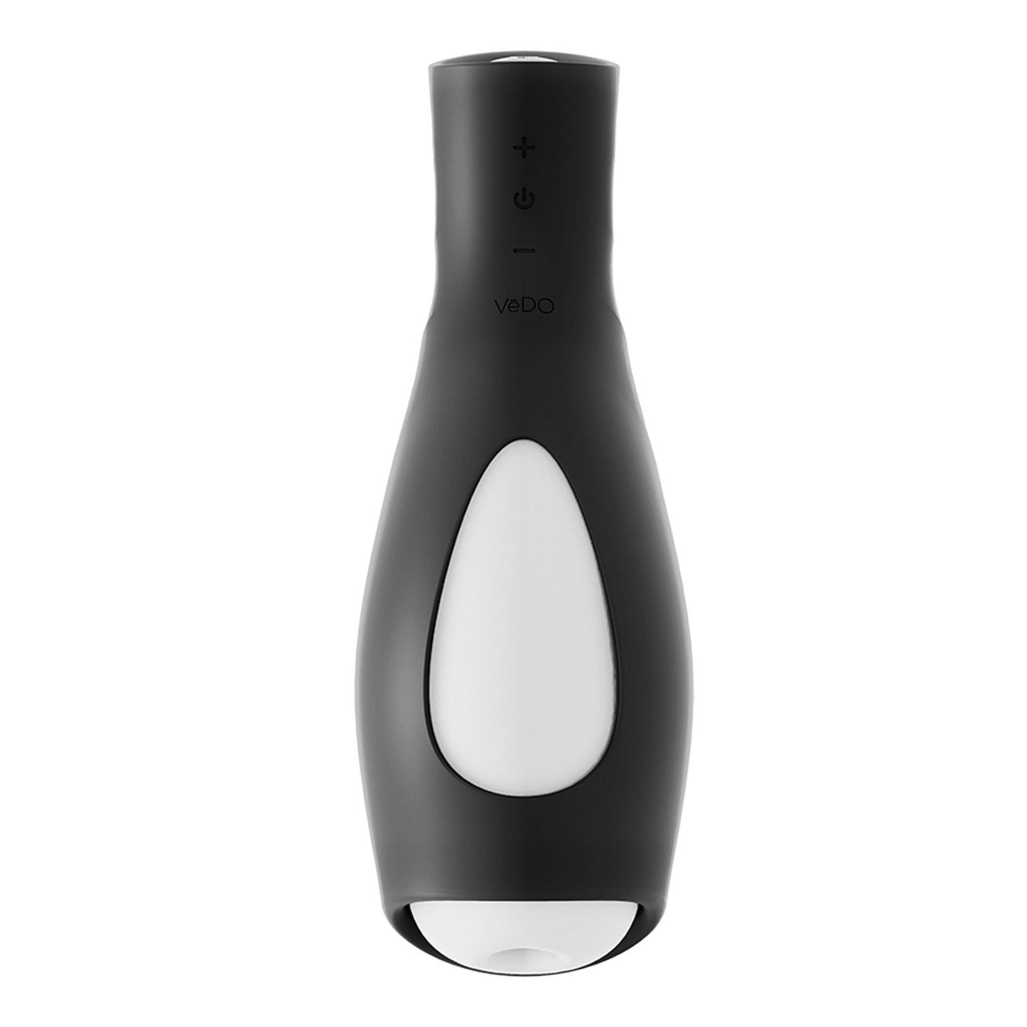 The VeDO Torpedo Vibrating Rechargeable Stroker is a sleek, bottle-shaped electronic device made of silicone and ABS plastic with top control buttons. Featuring 10 vibration modes, this minimalistic black and white gadget is ideal for personal care or grooming.