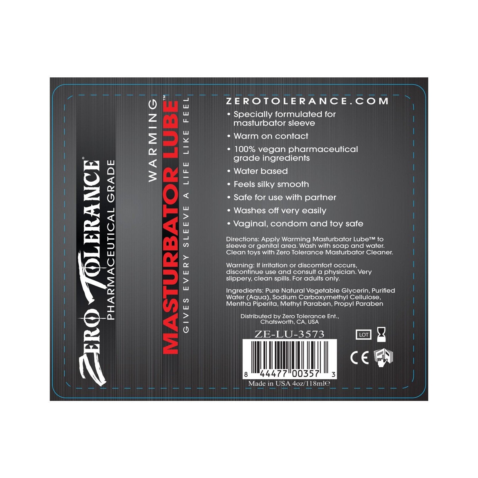 The label image displays Zero Tolerances Warming Masturbator Lube, a silky, pharmaceutical-grade lubricant thats 100% vegan and water-based. Safe for partner use, it highlights essential details and includes a barcode for easy reference.