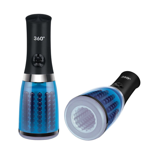 Two views of the Zolo 360 Rotating Male Stimulator, a black and blue handheld device featuring cylindrical bristles in a transparent section. Labeled 360°, one stands upright while the other lies on its side, showcasing its pleasure dots at the base.