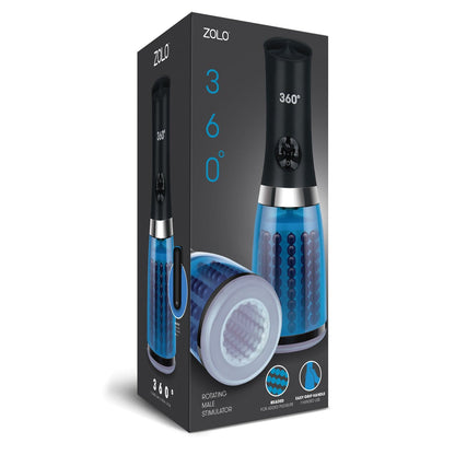The packaging of the Zolo 360 Rotating Male Stimulator, in sleek black and blue, showcases its advanced rotating action and massage-ready pleasure dots. It emphasizes easy cleaning, with prominent branding and product imagery.