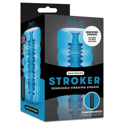 The ZOLO Backdoor Squeezable Vibrating Stroker by Zolo features a blue design with a multi-textured interior, includes renewing powder, and comes with a 7-function vibrating bullet and travel bag for easy transport.