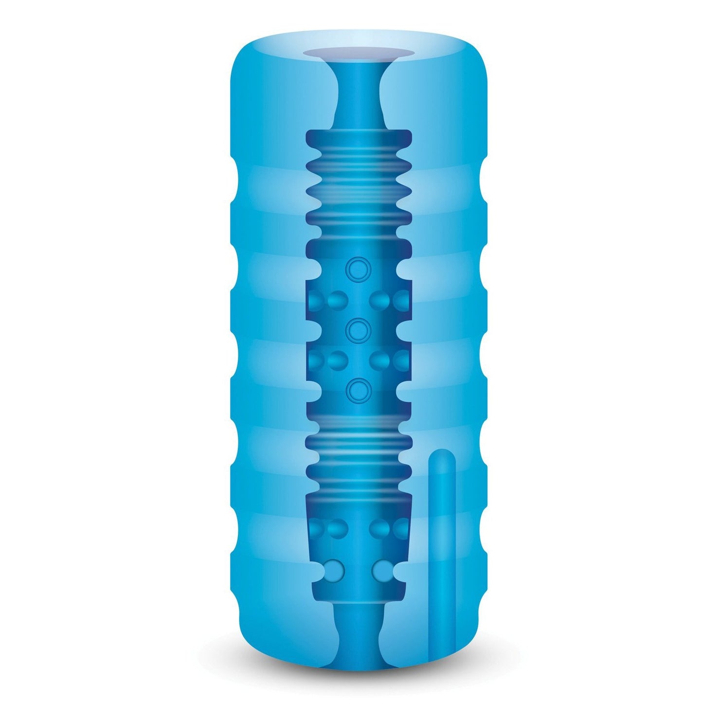 Illustration of the ZOLO Backdoor Squeezable Vibrating Stroker by Zolo, a blue cylindrical design with a ribbed exterior and detailed textured cutaway showcasing an intricate interior, reminiscent of advanced multi-function vibrating bullet technology.