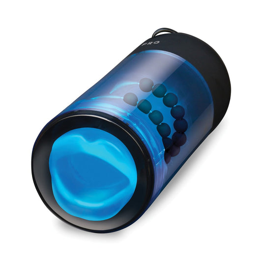 The ZOLO Blow Pro by Zolo is a black and blue cylindrical auto-stroker with a transparent section revealing internal beads, complemented by a soft blue silicone sleeve, perfect for massage or therapeutic use, offering a realistic and soothing experience.
