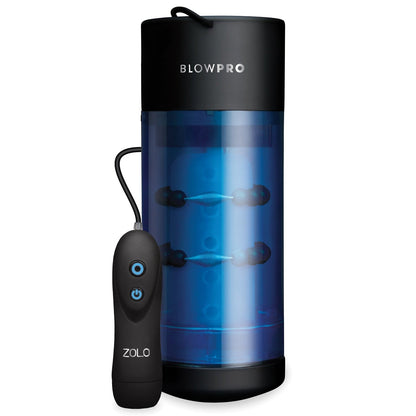 The ZOLO Blow Pro by Zolo is a blue and black cylindrical electronic device with a silicone sleeve, detachable component, buttons, and wire, designed as an auto-stroker for a realistic blowjob experience.