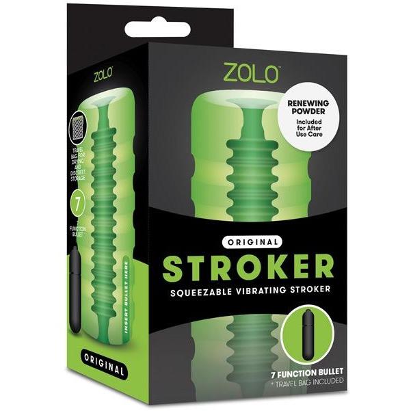The ZOLO Original Squeezable Vibrating Stroker by Zolo comes in vibrant dark and light green packaging. It includes a 7-function vibrating bullet, a travel bag, and renewing powder for care. Enjoy extra pleasure with its textured sleeve design.