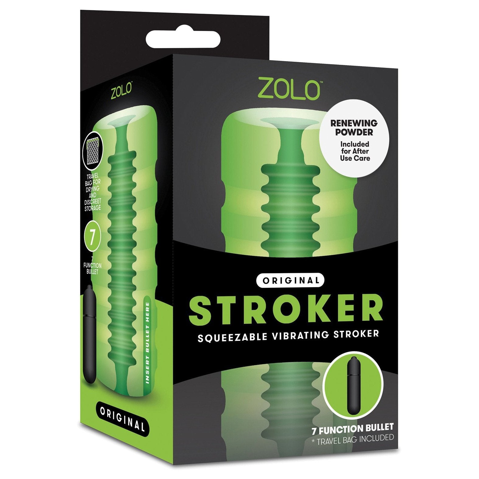 The image shows a ZOLO Original Squeezable Vibrating Stroker package in green and black by Zolo. It highlights the 7 Function Bullet and Renewing Powder with a textured sleeve, vibrating bullet, stroker, and travel bag included.