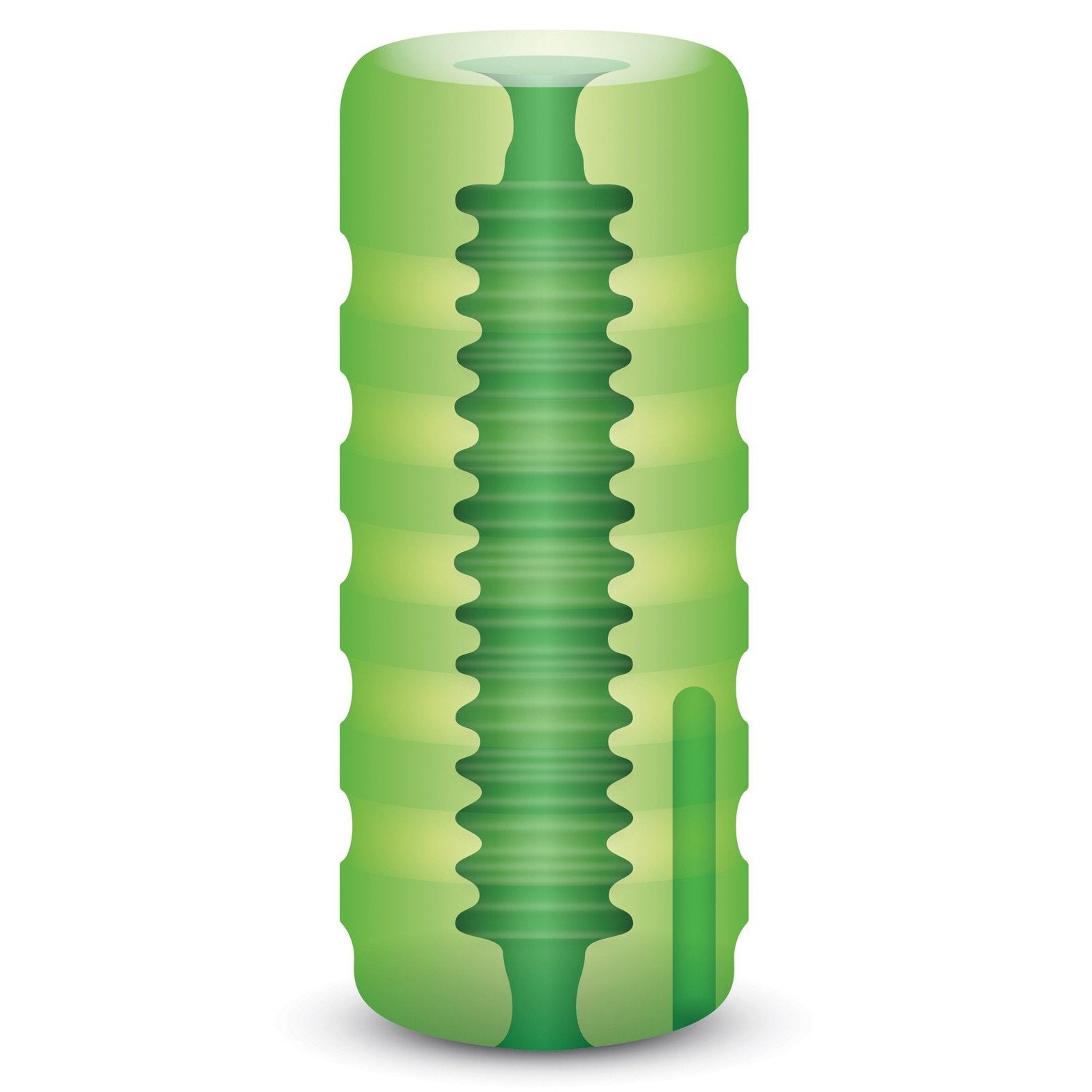 The Zolo Original Squeezable Vibrating Stroker is illustrated as a green textured cylinder with a visible cross-section, revealing an inner spiral groove that resembles a detailed screw-like pattern against a white background.