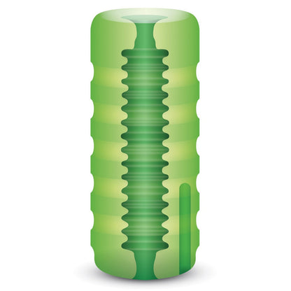 The Zolo Original Squeezable Vibrating Stroker is illustrated as a green textured cylinder with a visible cross-section, revealing an inner spiral groove that resembles a detailed screw-like pattern against a white background.