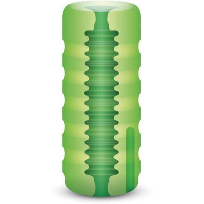 Illustration of the ZOLO Original Squeezable Vibrating Stroker by Zolo, showcasing a green cylindrical shape with a textured sleeve and central spiral groove. Its design, resembling a cut-out section, reveals its abstract or mechanical interior structure.