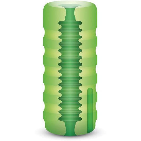 Illustration of the ZOLO Original Squeezable Vibrating Stroker by Zolo, showcasing a green cylindrical shape with a textured sleeve and central spiral groove. Its design, resembling a cut-out section, reveals its abstract or mechanical interior structure.
