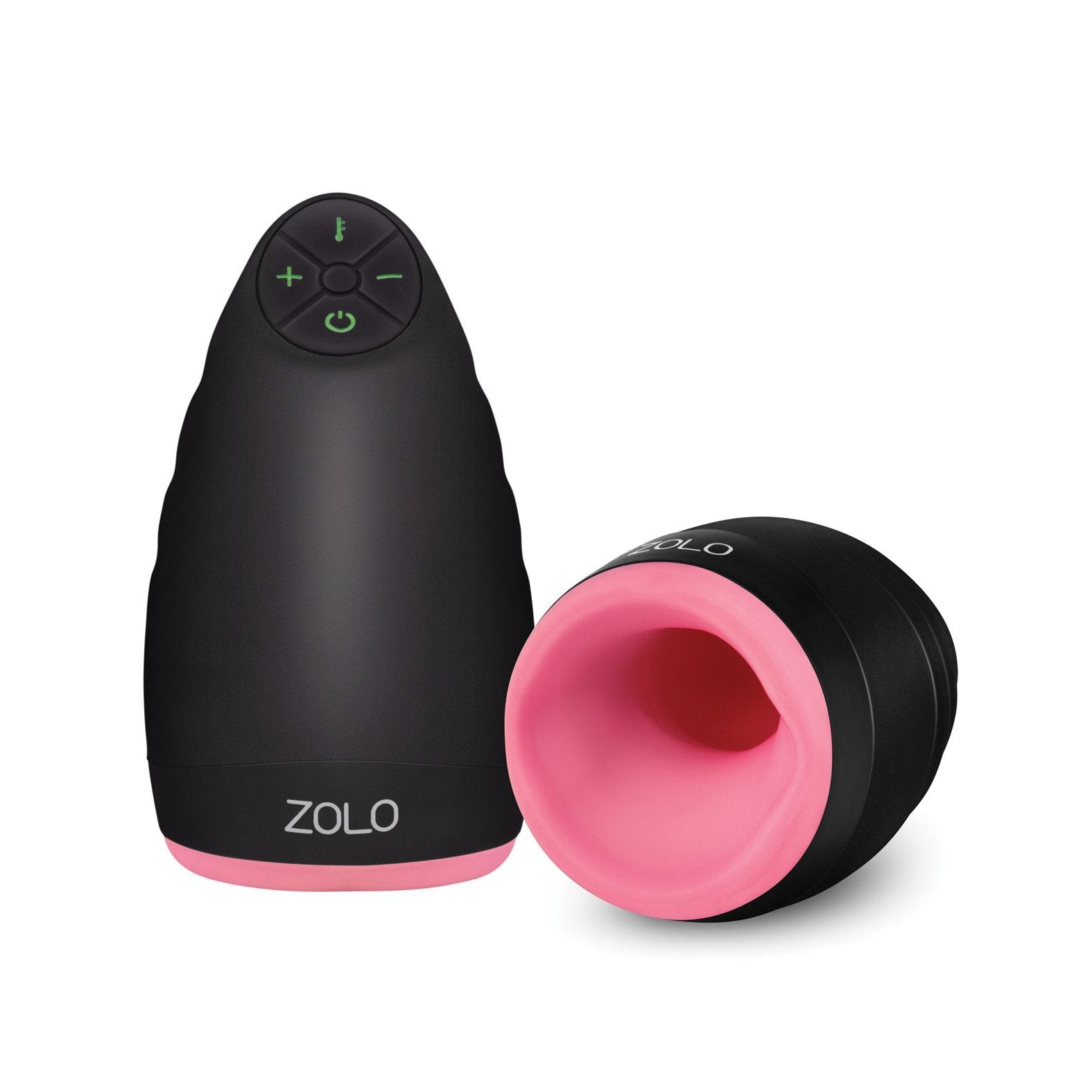 Two black and pink Zolo Pulsating Warming Dome Male Stimulators are shown. One stands upright with top control buttons, the other lies on its side, showing a soft pink interior. Both, ergonomically designed for comfort, offer multiple vibration intensities and feature the Zolo brand name.