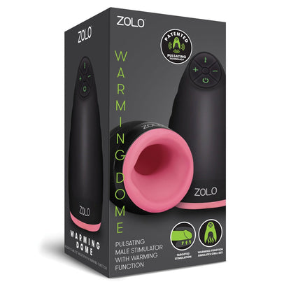 A product image of the Zolo Pulsating Warming Dome Male Stimulator, a deluxe device that combines warming and pulsating features. Ergonomically designed in black with a pink interior, its packaging highlights these functions using icons and text.